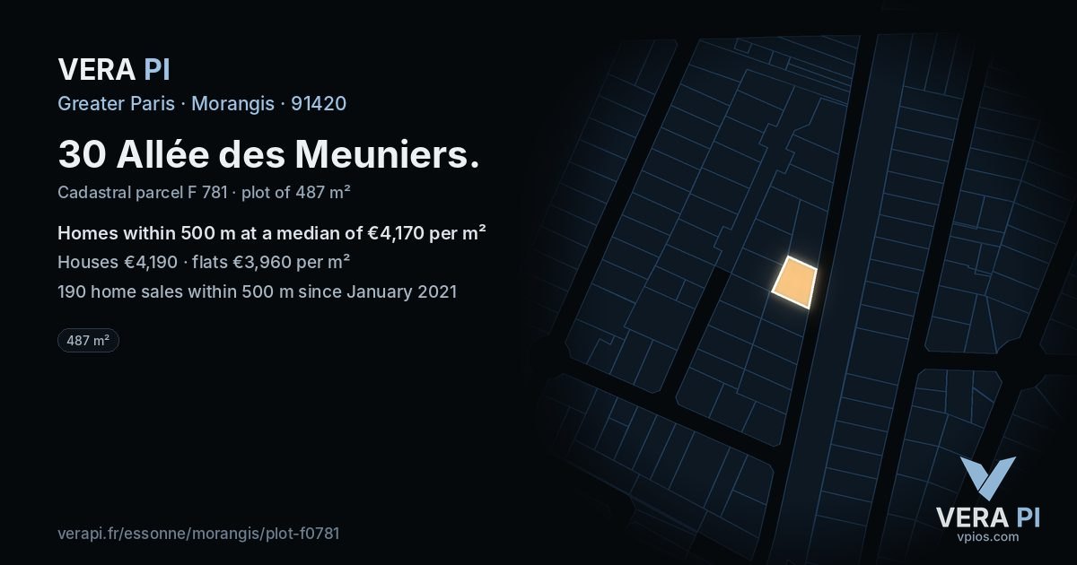 30 Allée des Meuniers, Morangis at night – the plot lit, the parcels around coloured by the prices near them