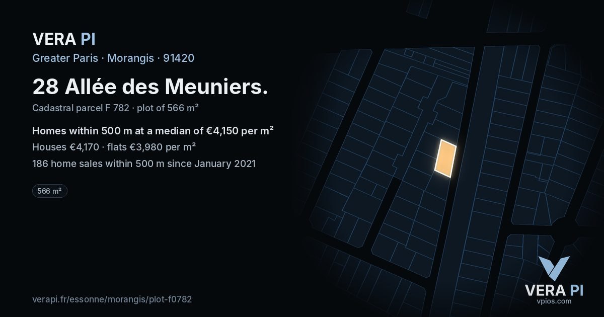 28 Allée des Meuniers, Morangis at night – the plot lit, the parcels around coloured by the prices near them