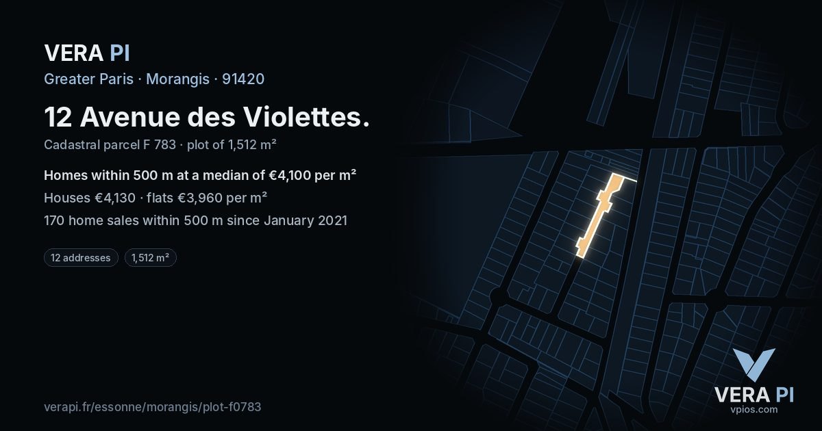 12 Avenue des Violettes, Morangis at night – the plot lit, the parcels around coloured by the prices near them