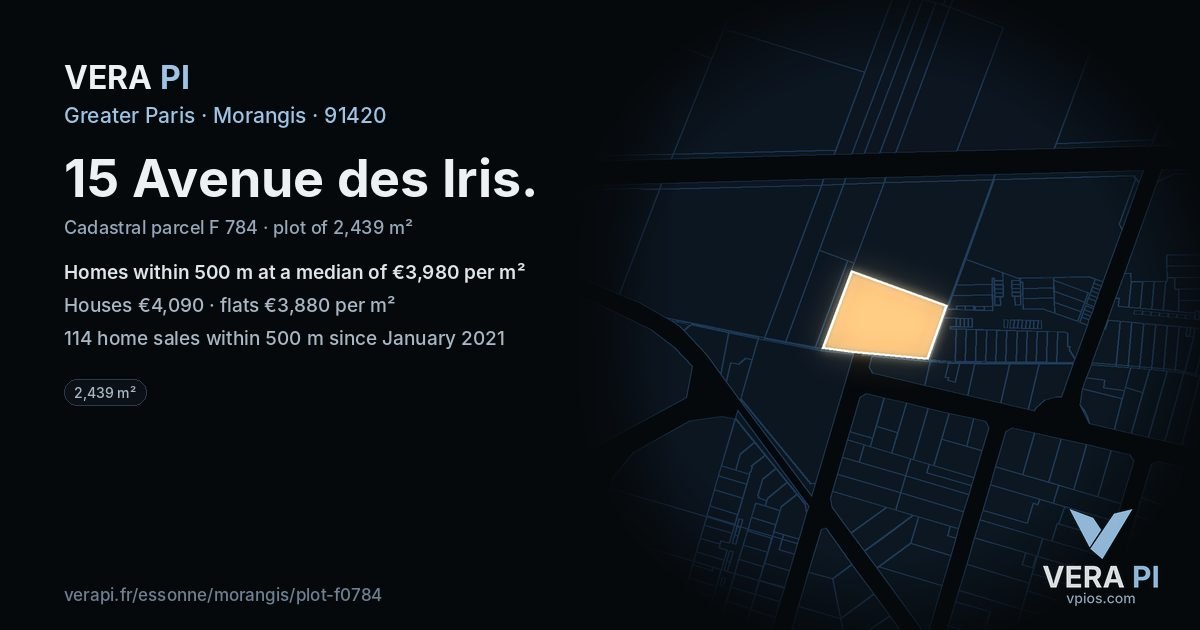 15 Avenue des Iris, Morangis at night – the plot lit, the parcels around coloured by the prices near them