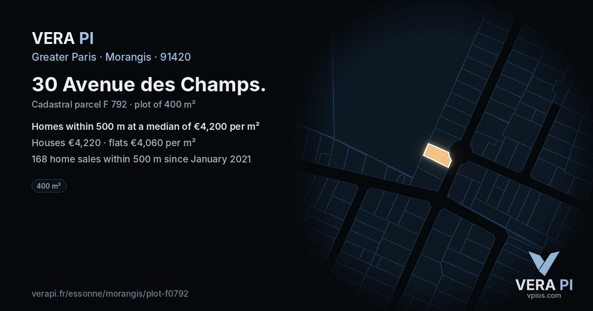 30 Avenue des Champs, Morangis at night – the plot lit, the parcels around coloured by the prices near them