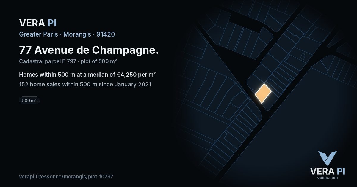 77 Avenue de Champagne, Morangis at night – the plot lit, the parcels around coloured by the prices near them