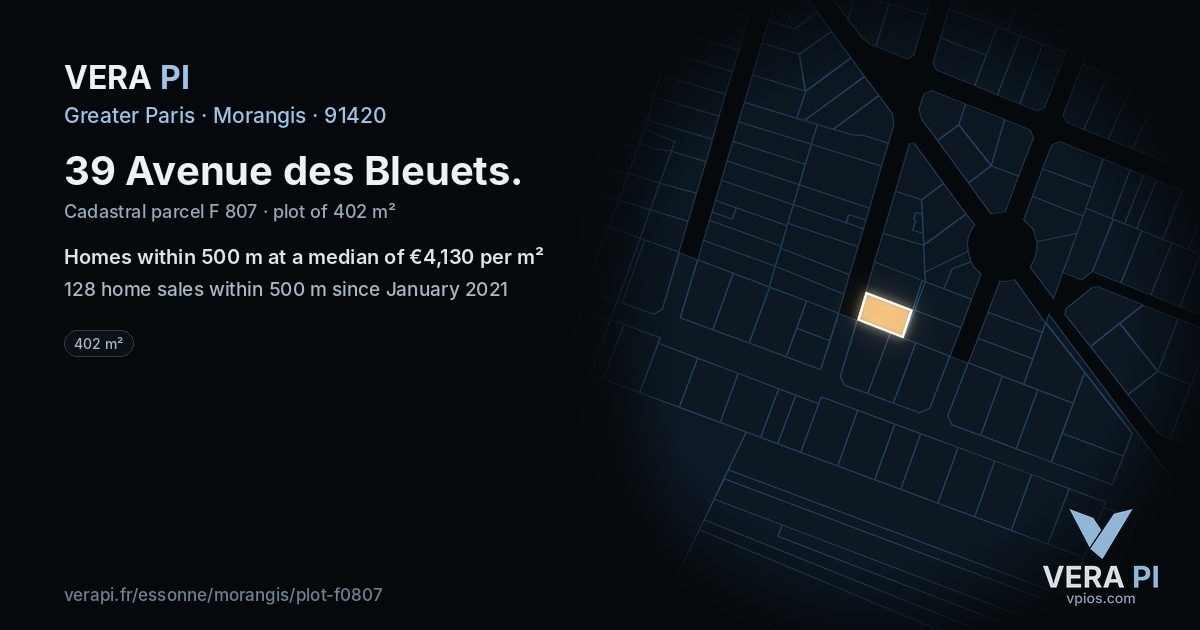 39 Avenue des Bleuets, Morangis at night – the plot lit, the parcels around coloured by the prices near them