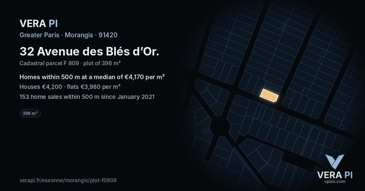 32 Avenue des Blés d’Or, Morangis at night – the plot lit, the parcels around coloured by the prices near them