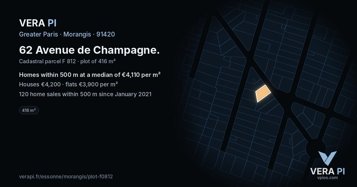 62 Avenue de Champagne, Morangis at night – the plot lit, the parcels around coloured by the prices near them