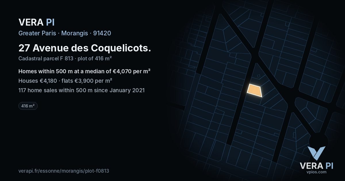 27 Avenue des Coquelicots, Morangis at night – the plot lit, the parcels around coloured by the prices near them