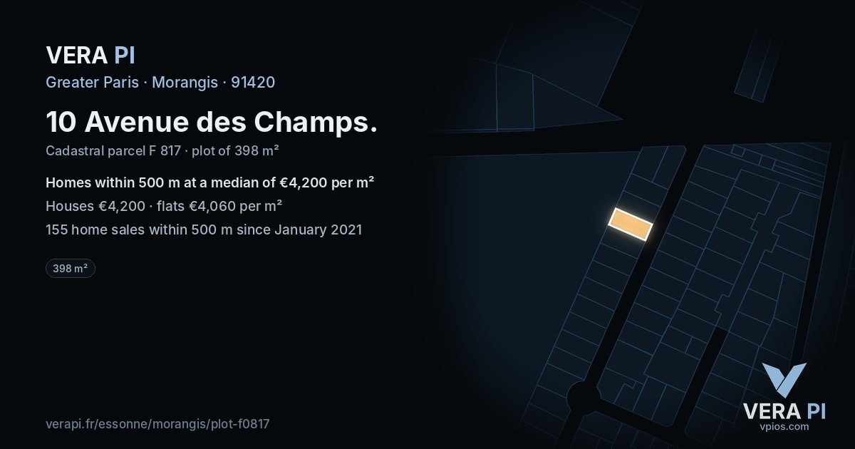 10 Avenue des Champs, Morangis at night – the plot lit, the parcels around coloured by the prices near them