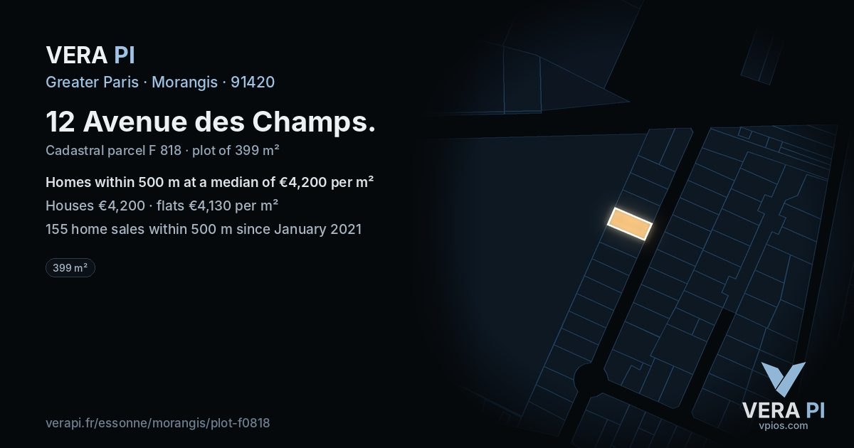 12 Avenue des Champs, Morangis at night – the plot lit, the parcels around coloured by the prices near them
