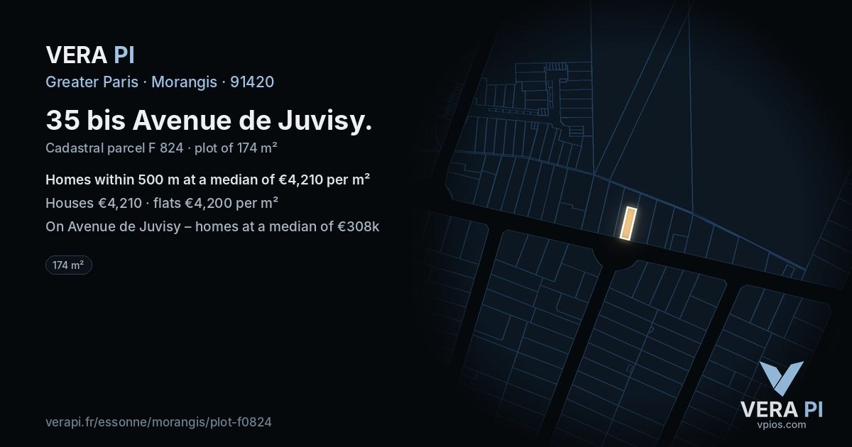 35 bis Avenue de Juvisy, Morangis at night – the plot lit, the parcels around coloured by the prices near them