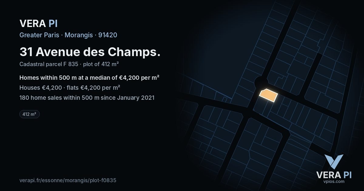 31 Avenue des Champs, Morangis at night – the plot lit, the parcels around coloured by the prices near them