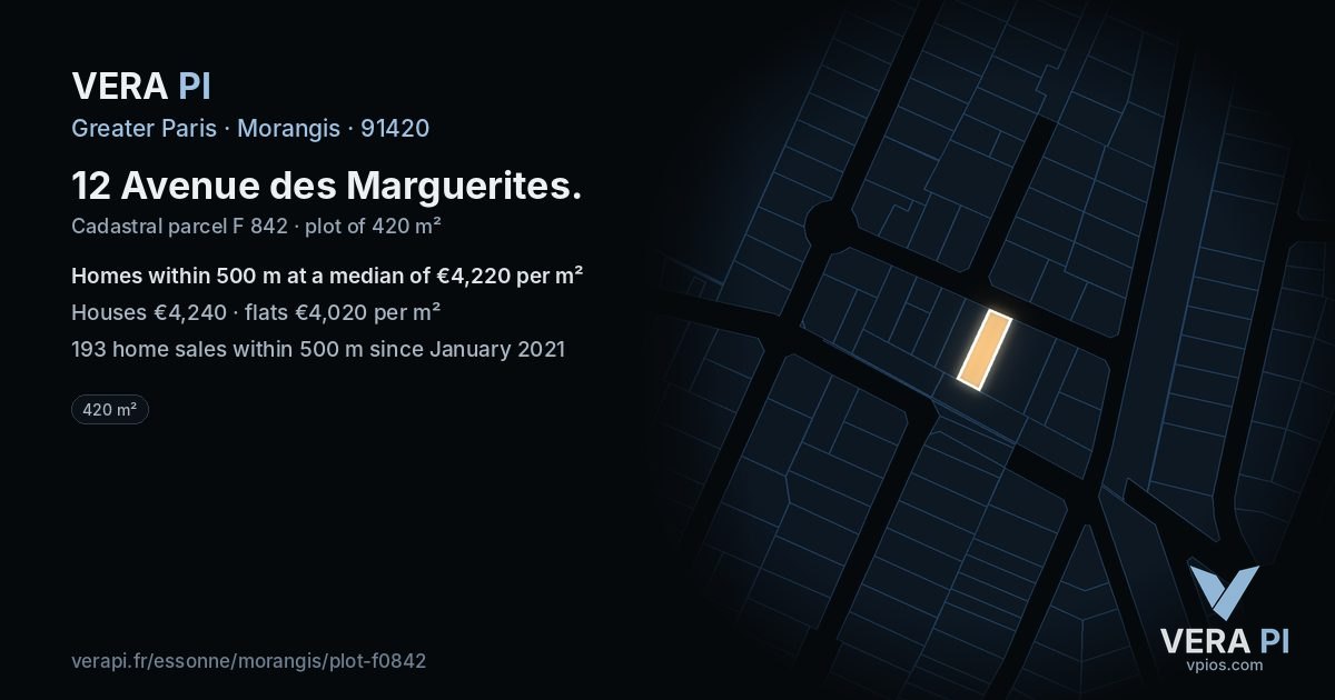 12 Avenue des Marguerites, Morangis at night – the plot lit, the parcels around coloured by the prices near them