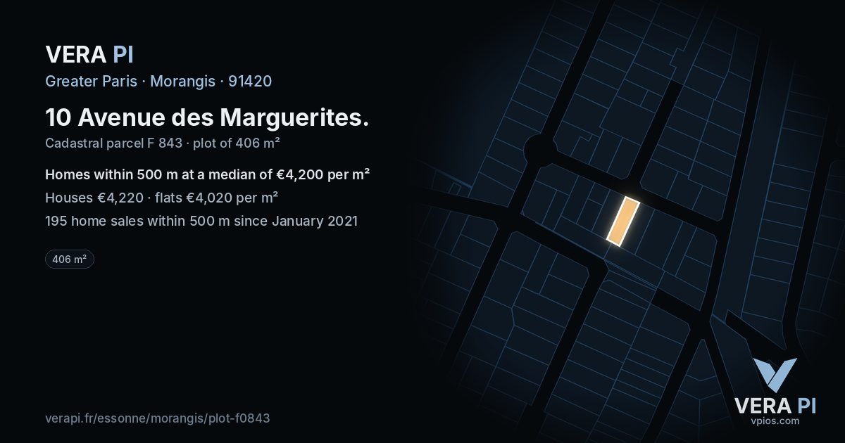 10 Avenue des Marguerites, Morangis at night – the plot lit, the parcels around coloured by the prices near them