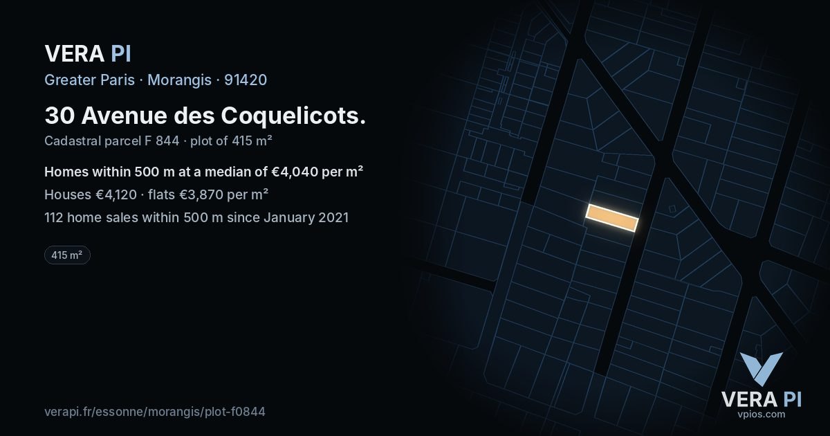 30 Avenue des Coquelicots, Morangis at night – the plot lit, the parcels around coloured by the prices near them