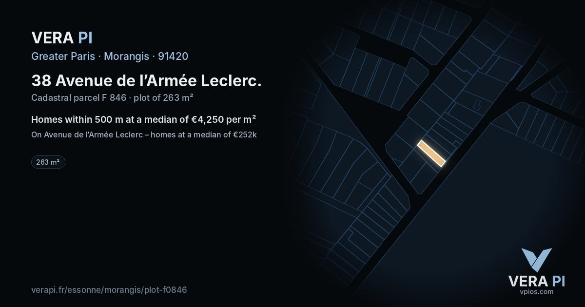 38 Avenue de l’Armée Leclerc, Morangis at night – the plot lit, the parcels around coloured by the prices near them