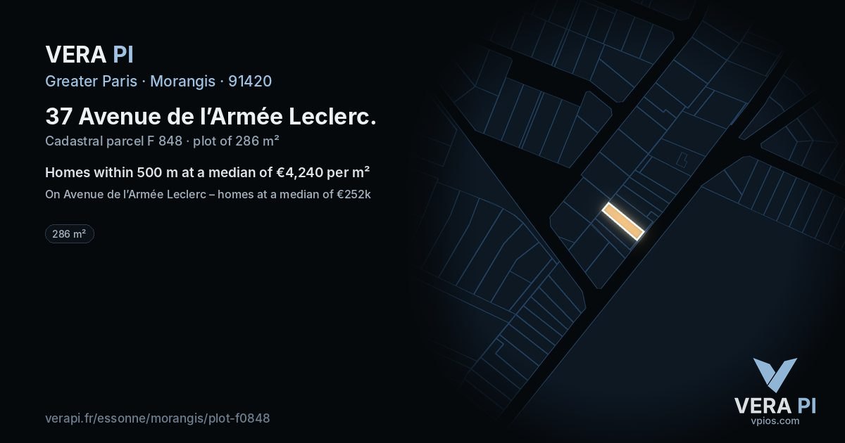 37 Avenue de l’Armée Leclerc, Morangis at night – the plot lit, the parcels around coloured by the prices near them