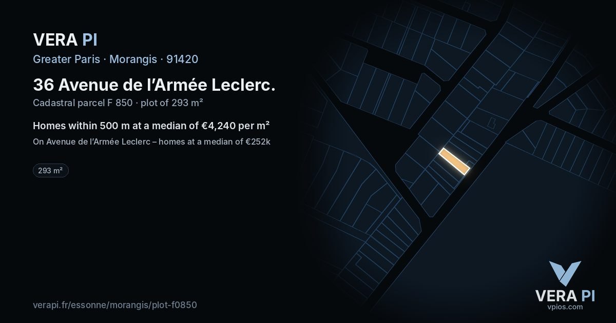 36 Avenue de l’Armée Leclerc, Morangis at night – the plot lit, the parcels around coloured by the prices near them