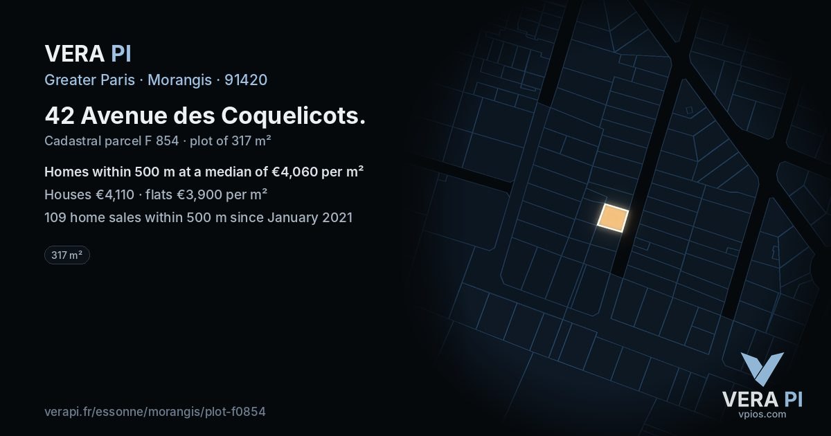 42 Avenue des Coquelicots, Morangis at night – the plot lit, the parcels around coloured by the prices near them