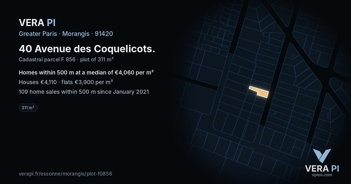 40 Avenue des Coquelicots, Morangis at night – the plot lit, the parcels around coloured by the prices near them