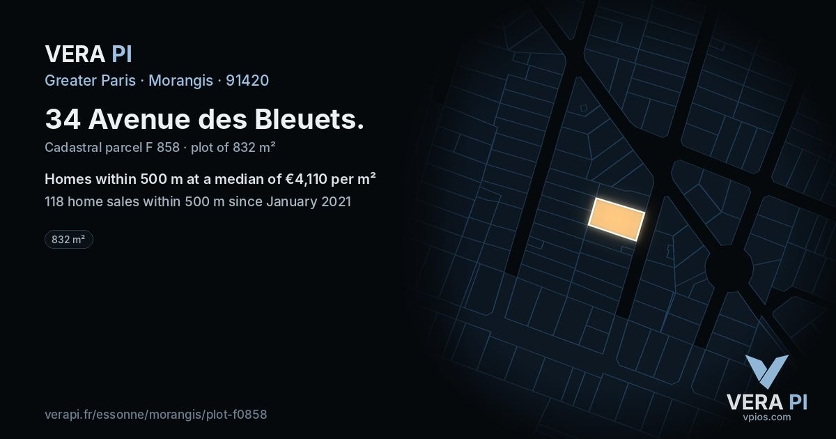 34 Avenue des Bleuets, Morangis at night – the plot lit, the parcels around coloured by the prices near them