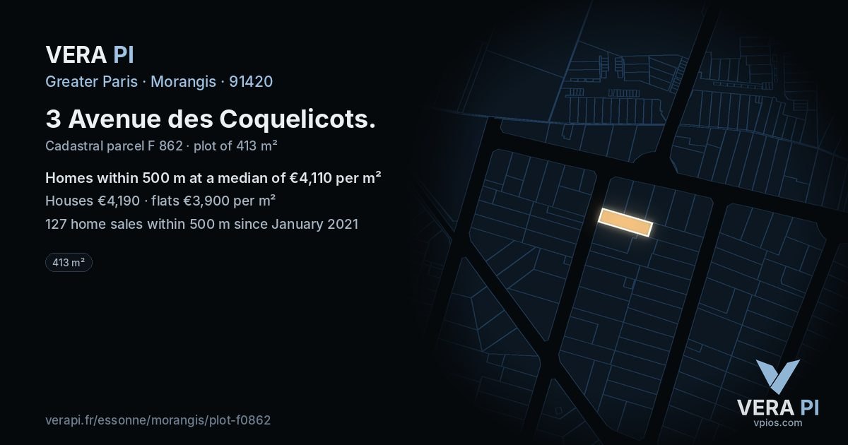 3 Avenue des Coquelicots, Morangis at night – the plot lit, the parcels around coloured by the prices near them