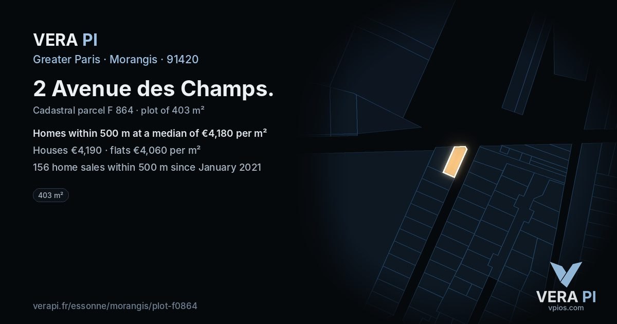 2 Avenue des Champs, Morangis at night – the plot lit, the parcels around coloured by the prices near them