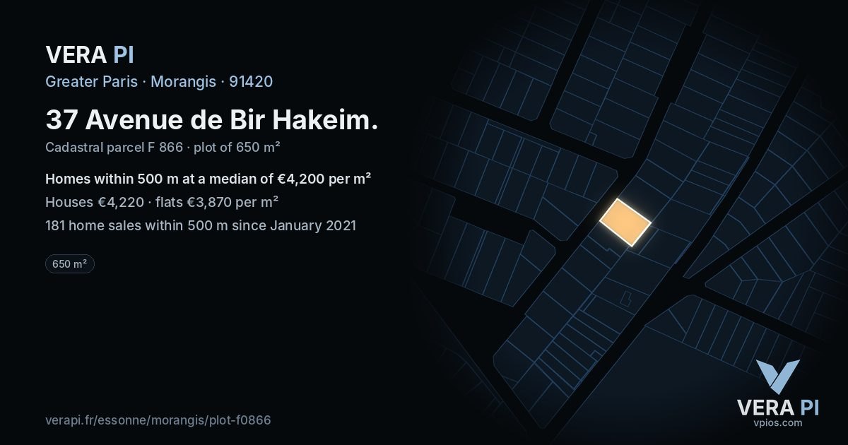 37 Avenue de Bir Hakeim, Morangis at night – the plot lit, the parcels around coloured by the prices near them