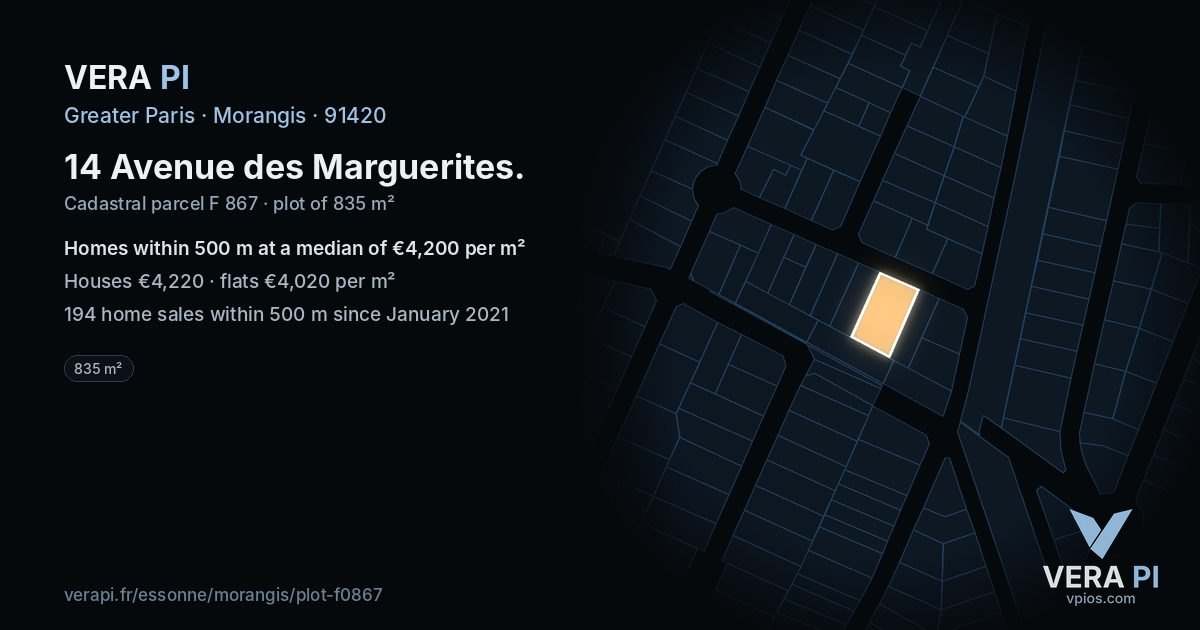 14 Avenue des Marguerites, Morangis at night – the plot lit, the parcels around coloured by the prices near them
