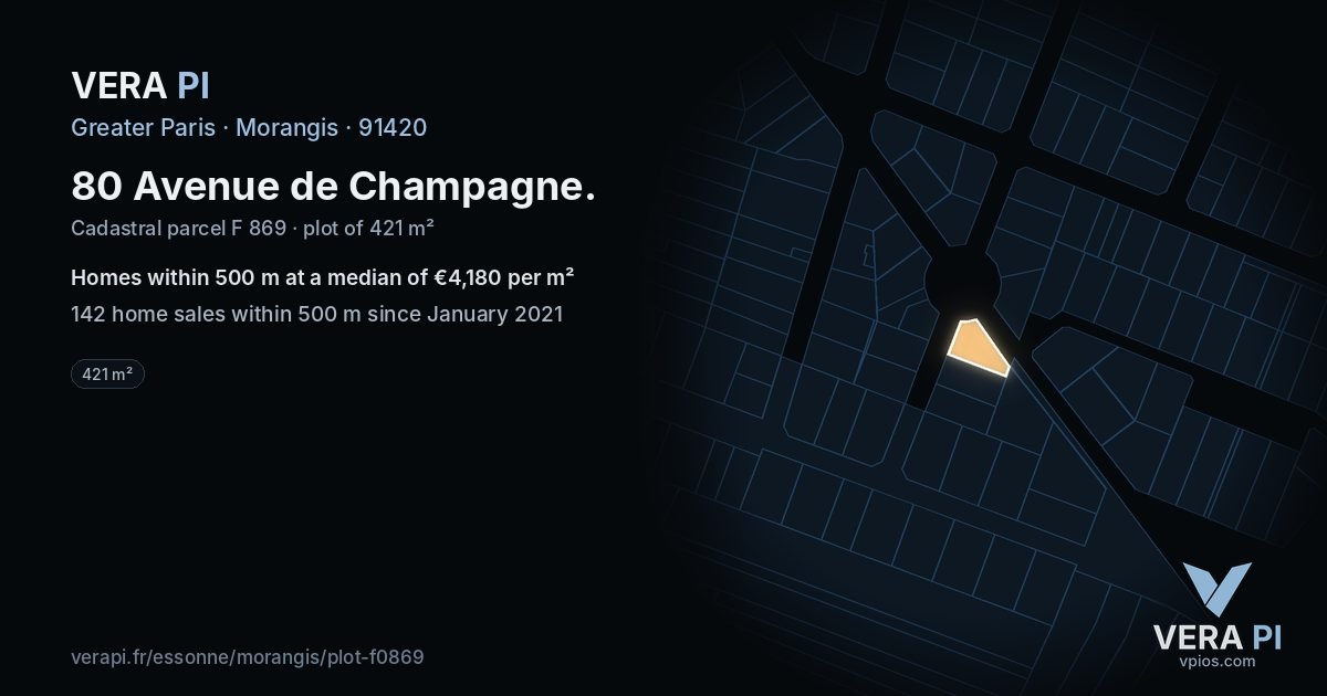 80 Avenue de Champagne, Morangis at night – the plot lit, the parcels around coloured by the prices near them