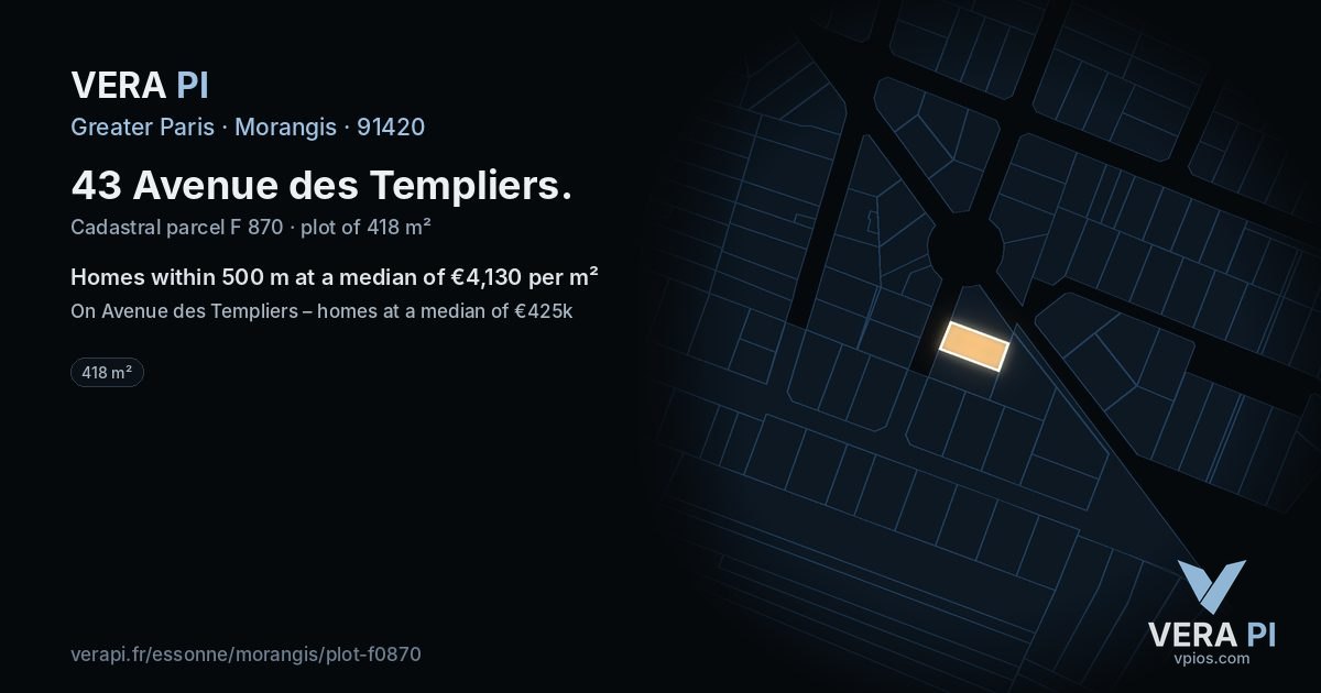 43 Avenue des Templiers, Morangis at night – the plot lit, the parcels around coloured by the prices near them