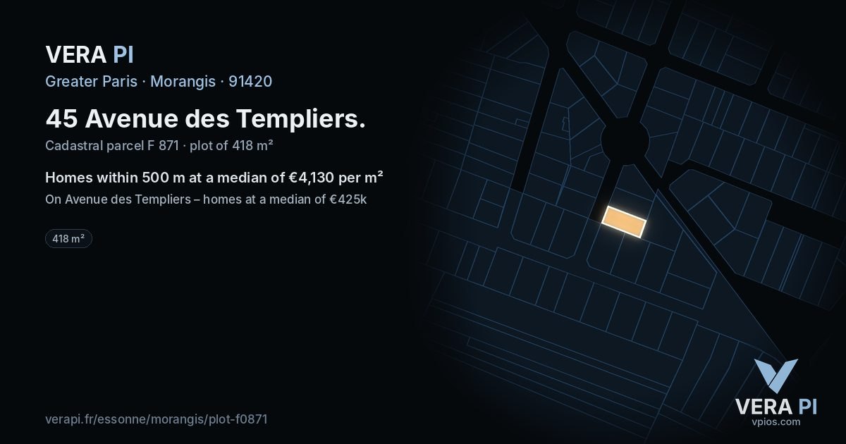 45 Avenue des Templiers, Morangis at night – the plot lit, the parcels around coloured by the prices near them