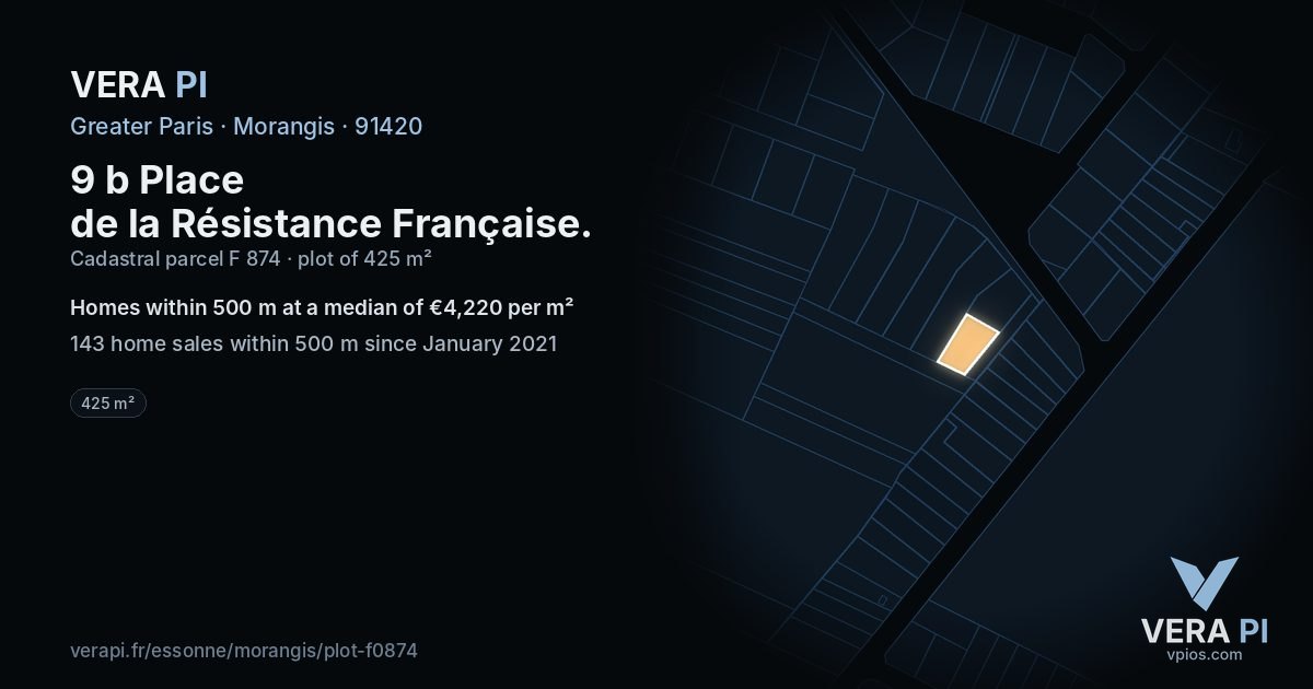 9 b Place de la Résistance Française, Morangis at night – the plot lit, the parcels around coloured by the prices near them