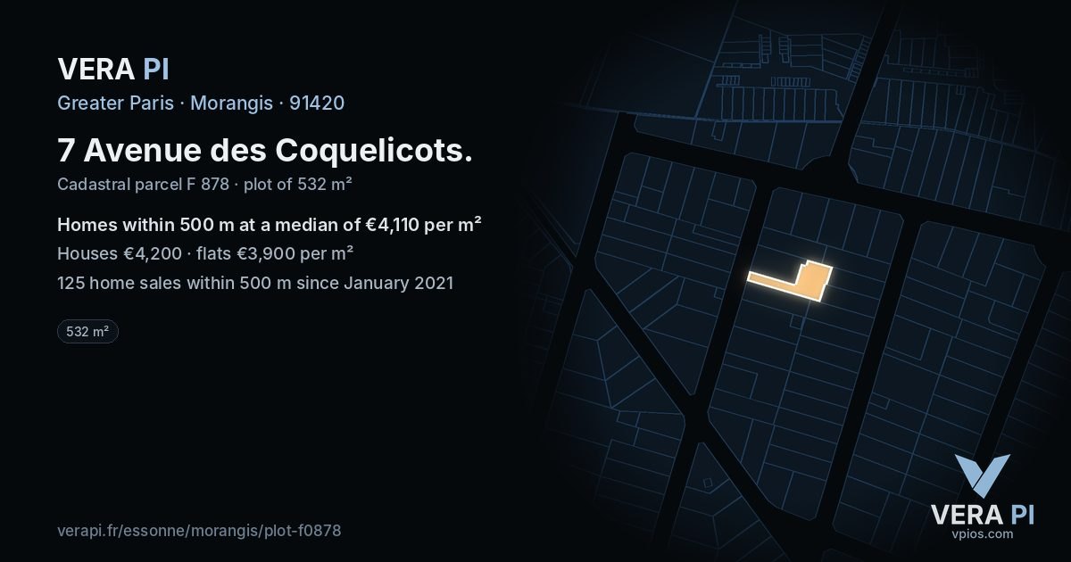 7 Avenue des Coquelicots, Morangis at night – the plot lit, the parcels around coloured by the prices near them