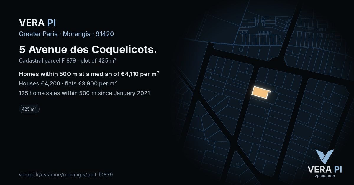 5 Avenue des Coquelicots, Morangis at night – the plot lit, the parcels around coloured by the prices near them