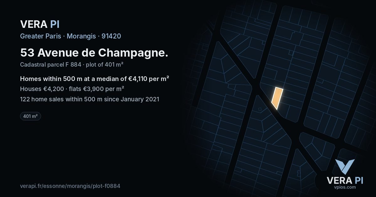 53 Avenue de Champagne, Morangis at night – the plot lit, the parcels around coloured by the prices near them