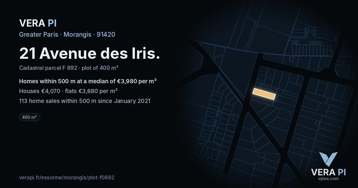 21 Avenue des Iris, Morangis at night – the plot lit, the parcels around coloured by the prices near them