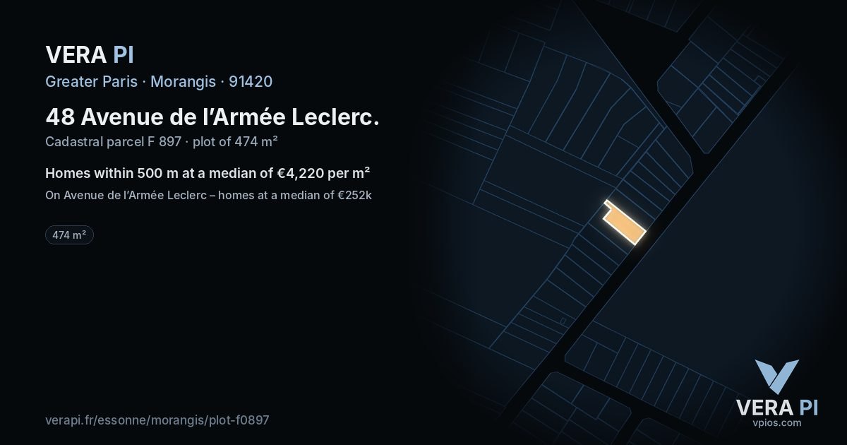 48 Avenue de l’Armée Leclerc, Morangis at night – the plot lit, the parcels around coloured by the prices near them