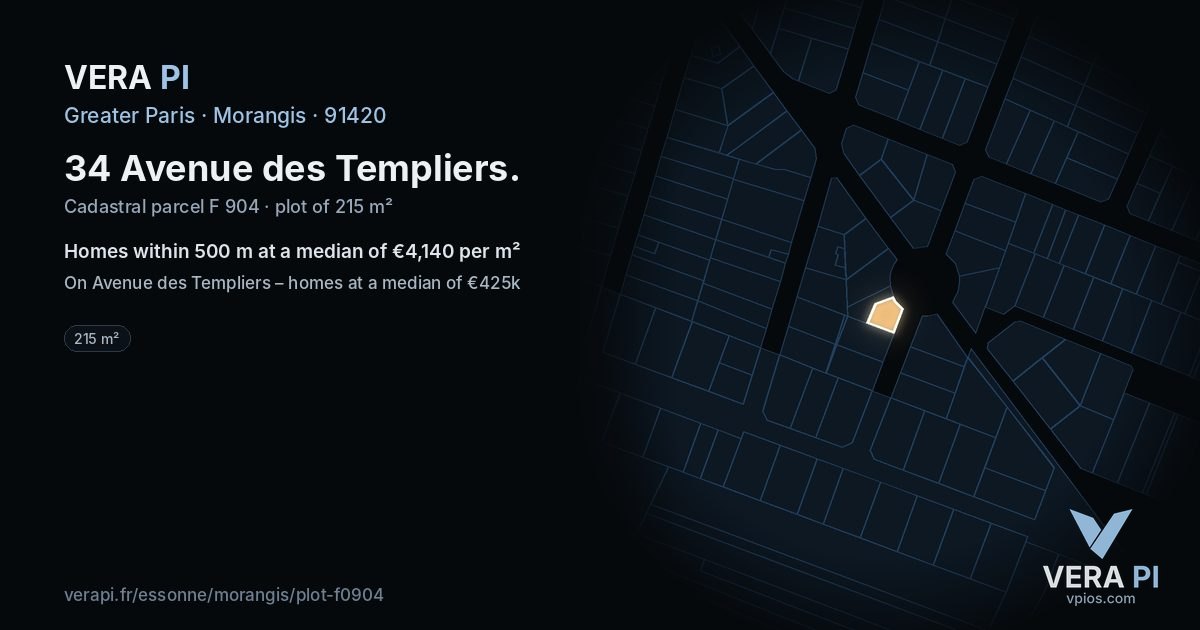 34 Avenue des Templiers, Morangis at night – the plot lit, the parcels around coloured by the prices near them
