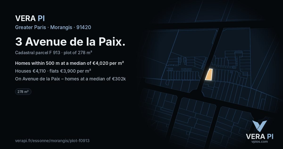 3 Avenue de la Paix, Morangis at night – the plot lit, the parcels around coloured by the prices near them