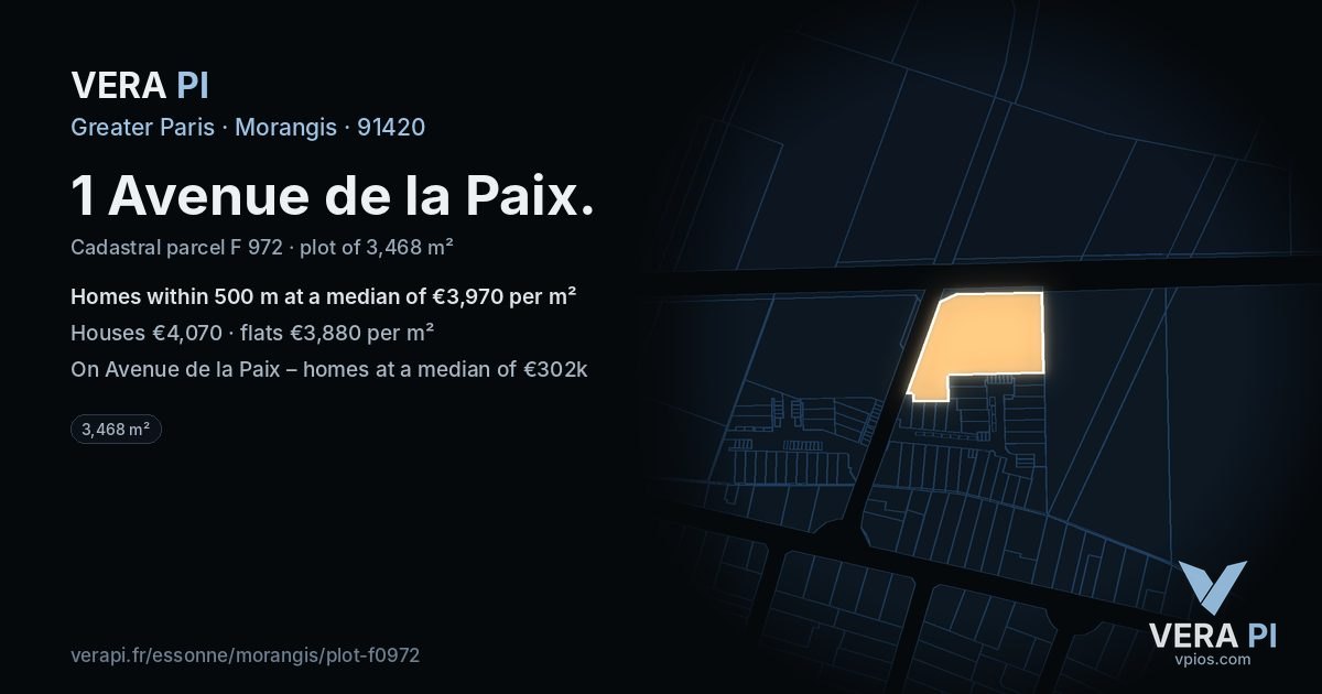 1 Avenue de la Paix, Morangis at night – the plot lit, the parcels around coloured by the prices near them
