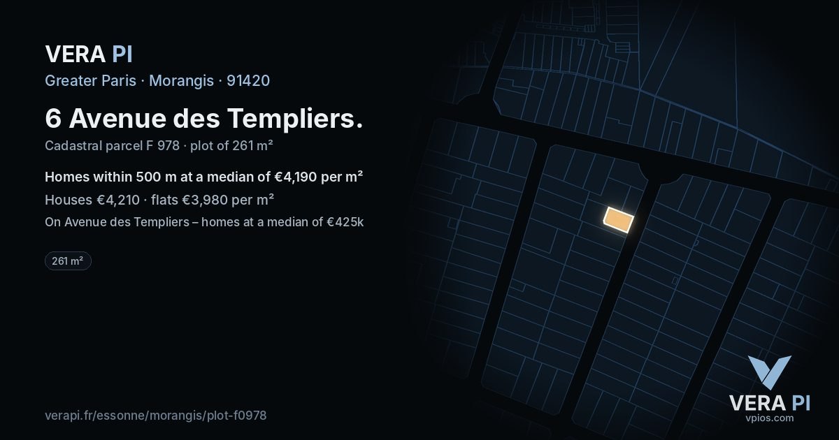6 Avenue des Templiers, Morangis at night – the plot lit, the parcels around coloured by the prices near them