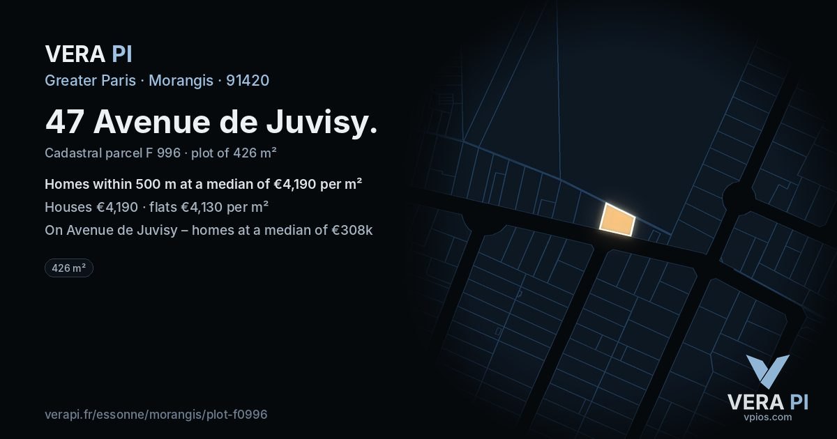 47 Avenue de Juvisy, Morangis at night – the plot lit, the parcels around coloured by the prices near them
