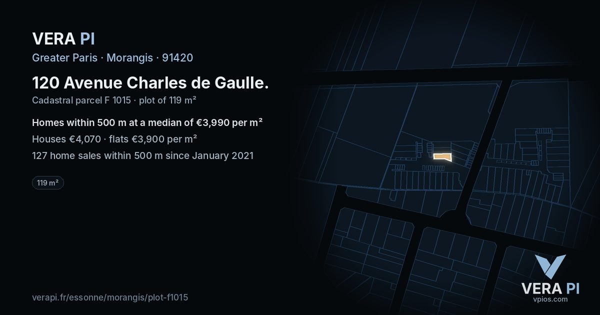120 Avenue Charles de Gaulle, Morangis at night – the plot lit, the parcels around coloured by the prices near them