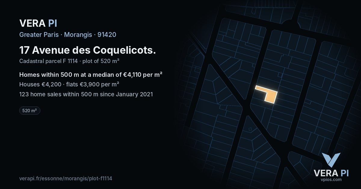 17 Avenue des Coquelicots, Morangis at night – the plot lit, the parcels around coloured by the prices near them