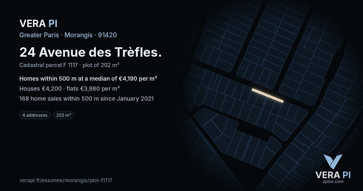 24 Avenue des Trèfles, Morangis at night – the plot lit, the parcels around coloured by the prices near them