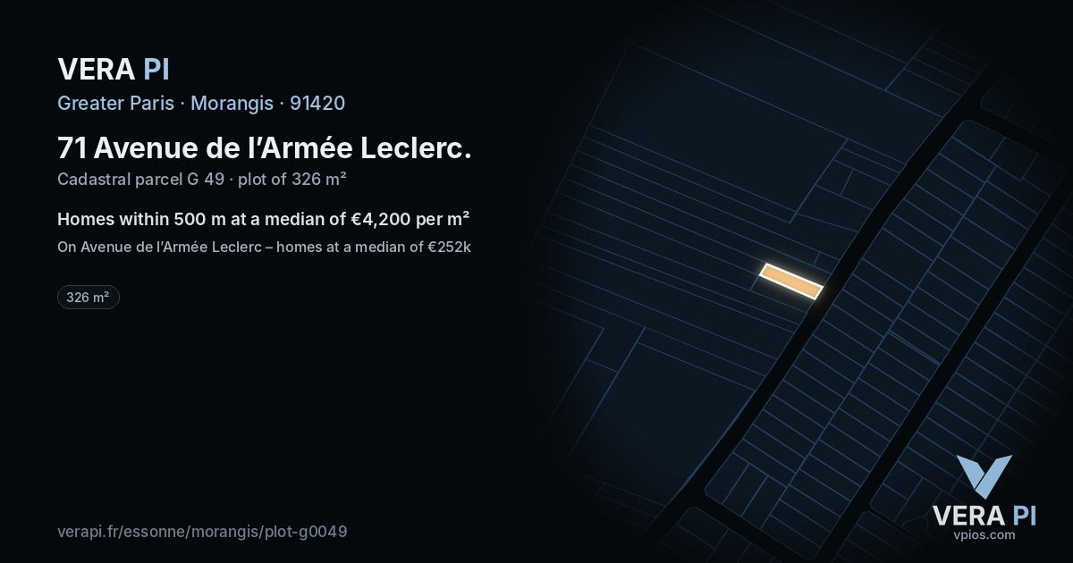 71 Avenue de l’Armée Leclerc, Morangis at night – the plot lit, the parcels around coloured by the prices near them