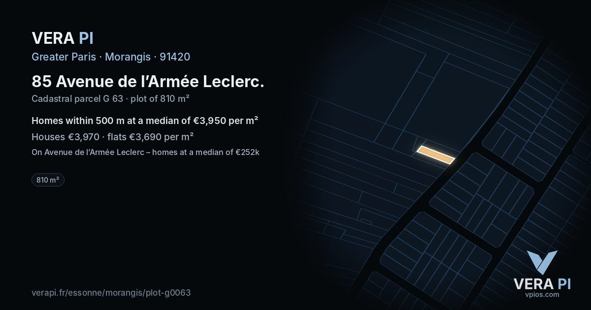 85 Avenue de l’Armée Leclerc, Morangis at night – the plot lit, the parcels around coloured by the prices near them