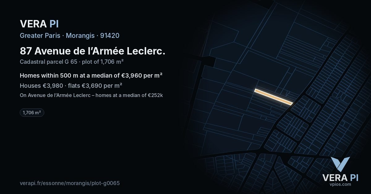 87 Avenue de l’Armée Leclerc, Morangis at night – the plot lit, the parcels around coloured by the prices near them