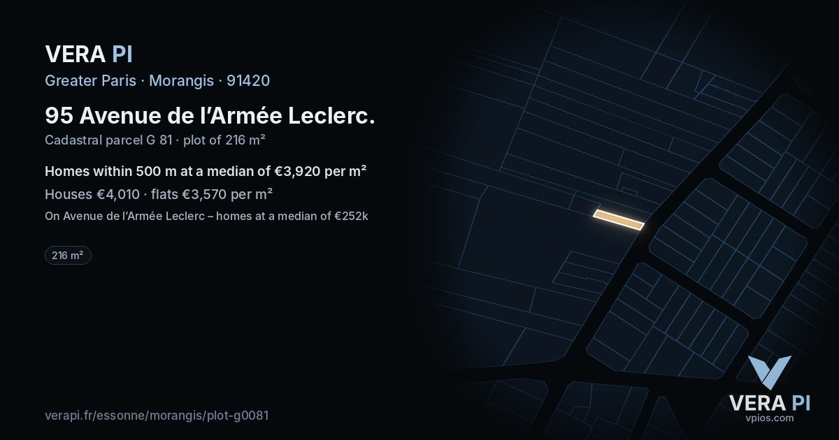 95 Avenue de l’Armée Leclerc, Morangis at night – the plot lit, the parcels around coloured by the prices near them
