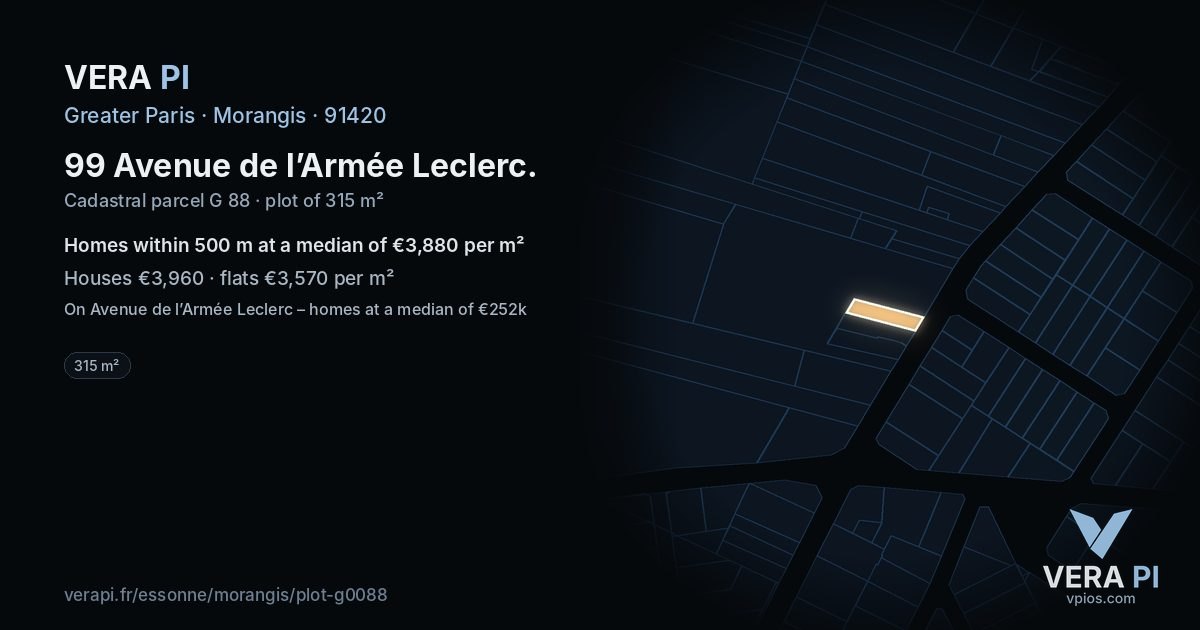 99 Avenue de l’Armée Leclerc, Morangis at night – the plot lit, the parcels around coloured by the prices near them