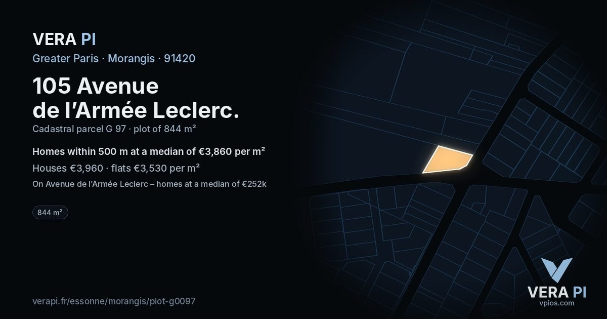 105 Avenue de l’Armée Leclerc, Morangis at night – the plot lit, the parcels around coloured by the prices near them